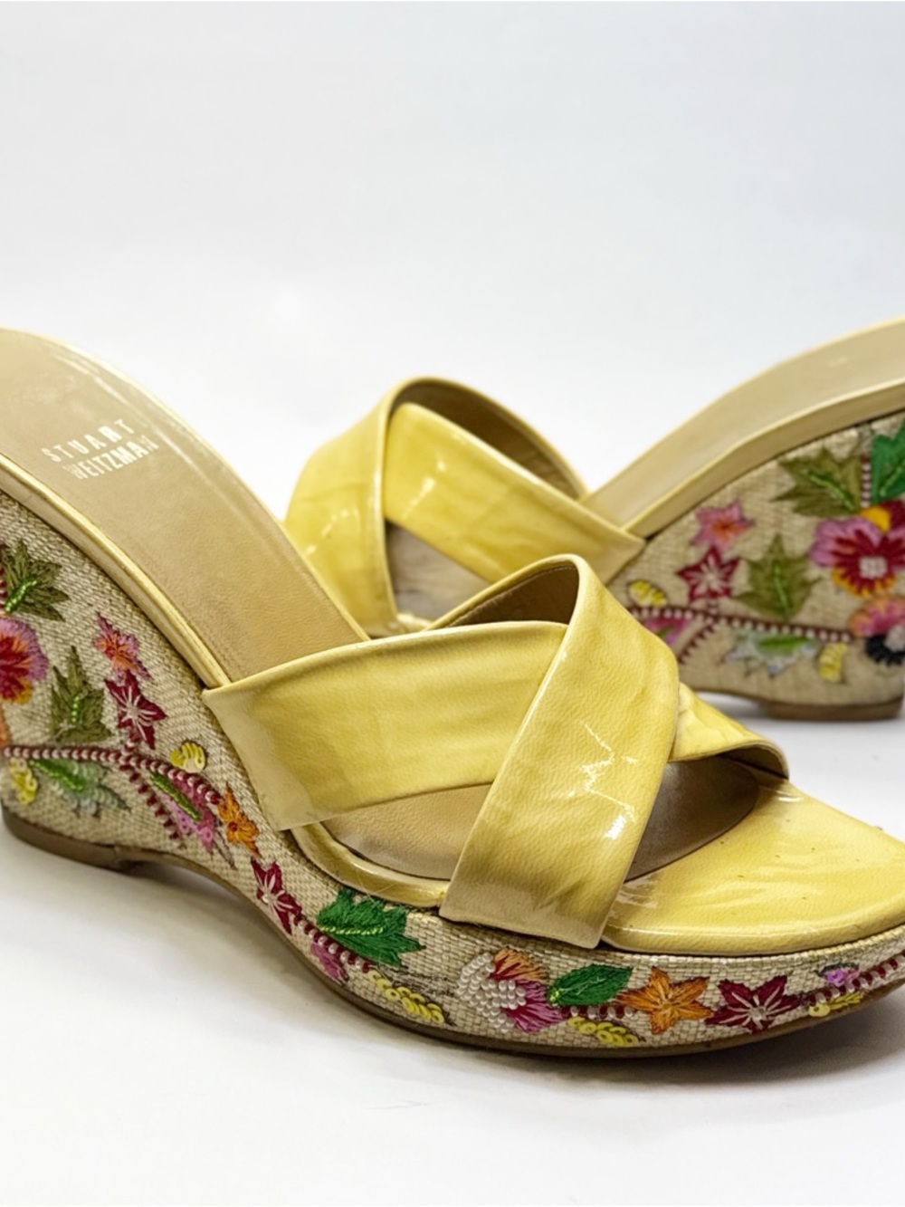 Stuart Weitzman Yellow Patent Leather Embroidered Wedge Sandals